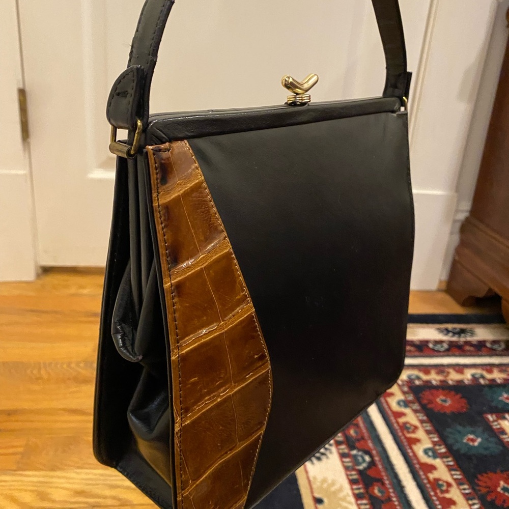 Vintage Black and Brown Leather Handbag Structured